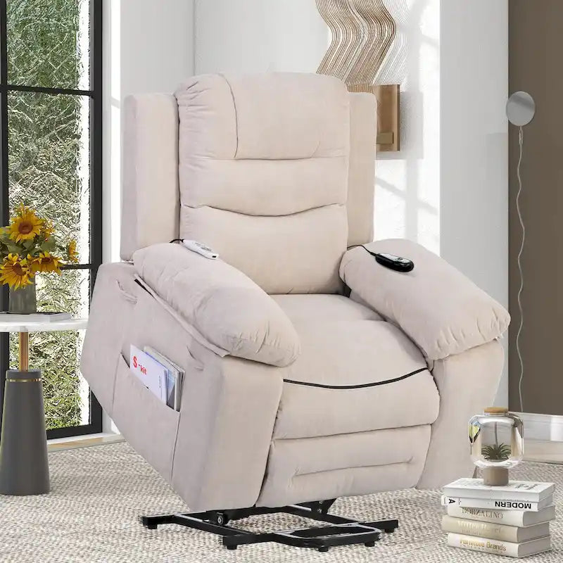 Fauteuil de massage inclinable pour seniors - Remontée assistée, massage réglable, fonctions chauffantes, inclinaison infinie et poche latérale