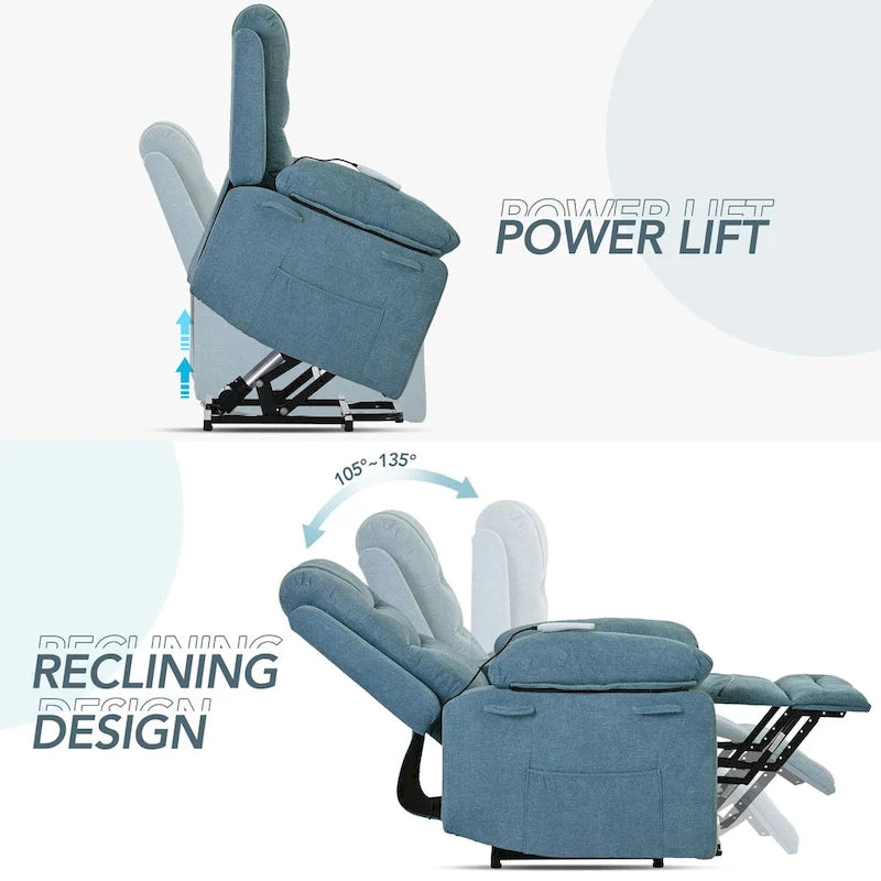 Fauteuil de massage inclinable pour seniors - Remontée assistée, massage réglable, fonctions chauffantes, inclinaison infinie et poche latérale