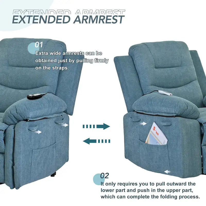 Fauteuil de massage inclinable pour seniors - Remontée assistée, massage réglable, fonctions chauffantes, inclinaison infinie et poche latérale