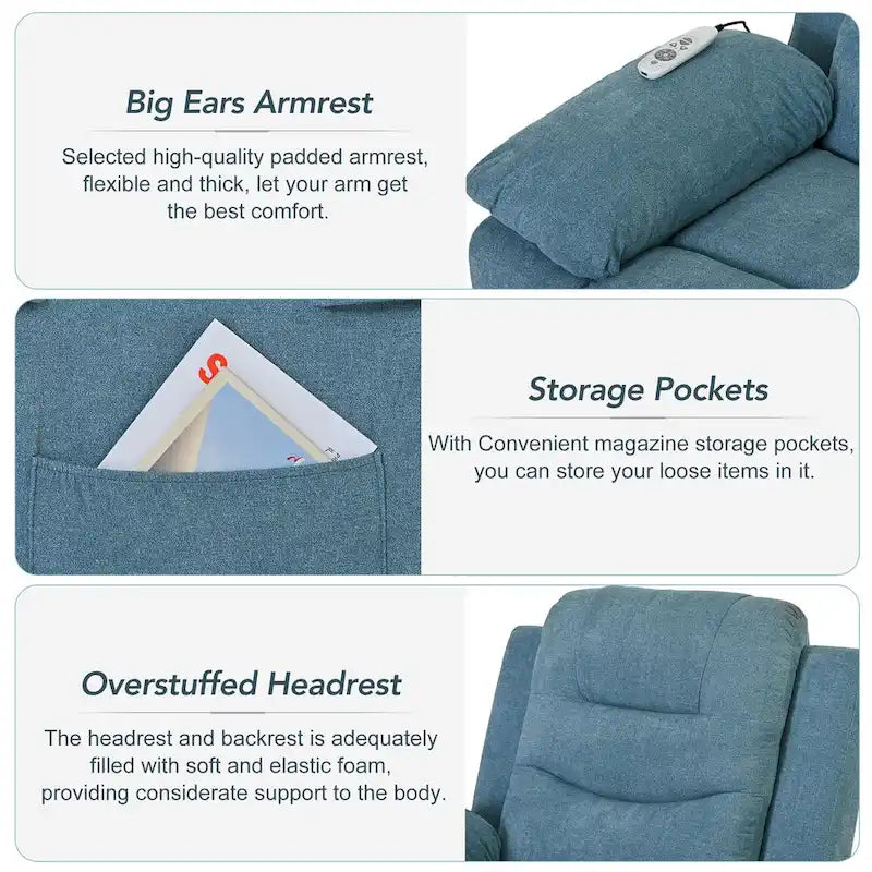Fauteuil de massage inclinable pour seniors - Remontée assistée, massage réglable, fonctions chauffantes, inclinaison infinie et poche latérale