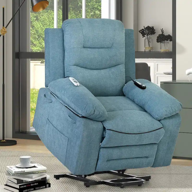 Fauteuil de massage inclinable pour seniors - Remontée assistée, massage réglable, fonctions chauffantes, inclinaison infinie et poche latérale