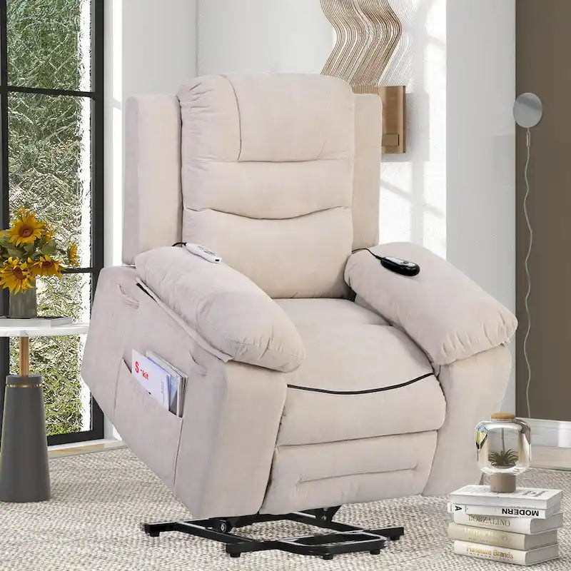 Fauteuil de massage inclinable pour seniors - Remontée assistée, massage réglable, fonctions chauffantes, inclinaison infinie et poche latérale