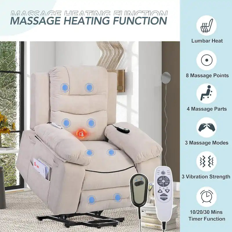 Fauteuil de massage inclinable pour seniors - Remontée assistée, massage réglable, fonctions chauffantes, inclinaison infinie et poche latérale