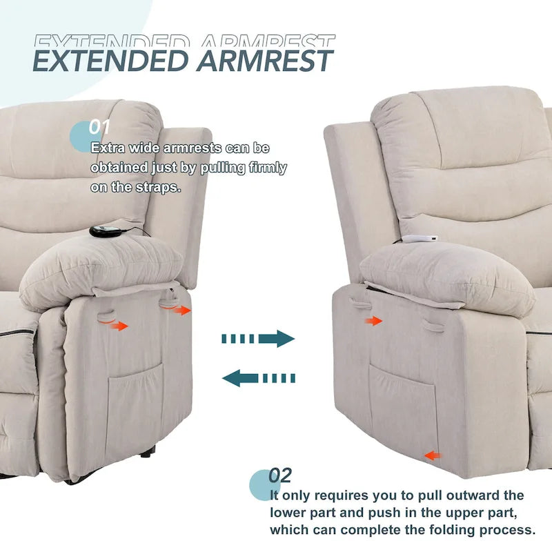 Fauteuil de massage inclinable pour seniors - Remontée assistée, massage réglable, fonctions chauffantes, inclinaison infinie et poche latérale
