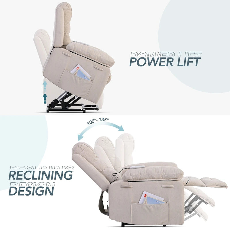 Fauteuil de massage inclinable pour seniors - Remontée assistée, massage réglable, fonctions chauffantes, inclinaison infinie et poche latérale
