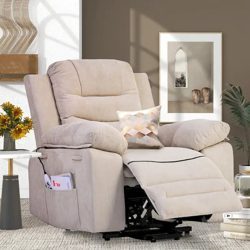 Fauteuil de massage inclinable pour seniors - Remontée assistée, massage réglable, fonctions chauffantes, inclinaison infinie et poche latérale