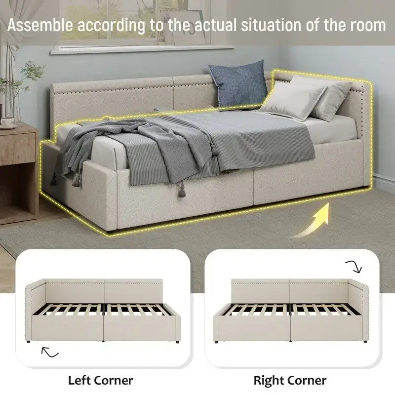 Lit de repos double en forme de L rembourré en lin avec deux tiroirs de rangement