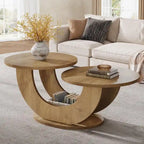 Table basse en bois composite naturel de 45,27 pouces avec base en U, table à thé de ferme à 2 niveaux pour salon