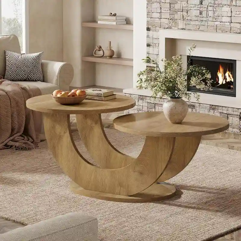 Table basse en bois composite naturel de 45,27 pouces avec base en U, table à thé de ferme à 2 niveaux pour salon