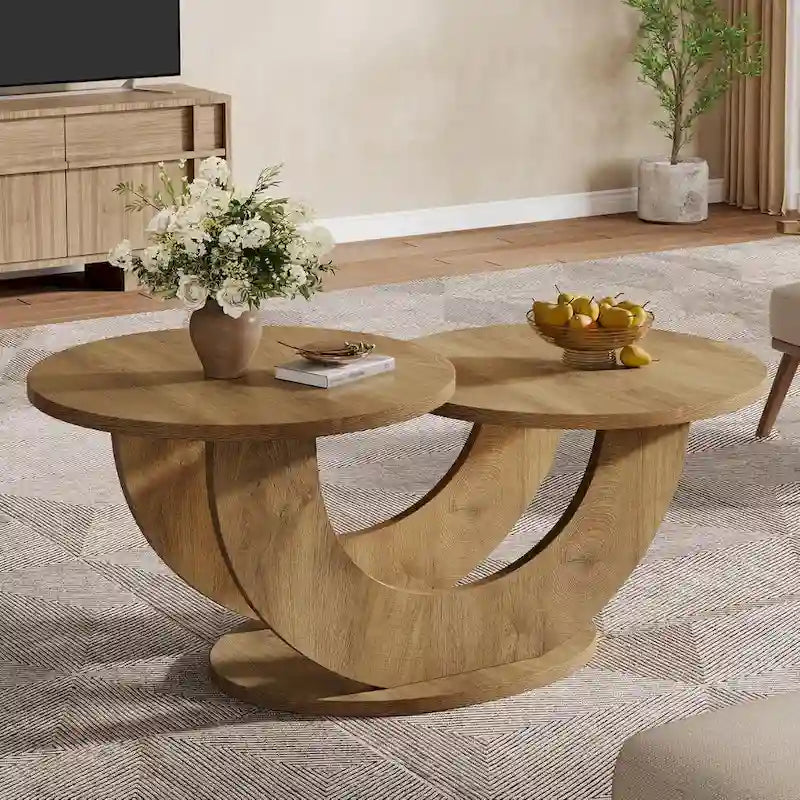 Table basse en bois composite naturel de 45,27 pouces avec base en U, table à thé de ferme à 2 niveaux pour salon