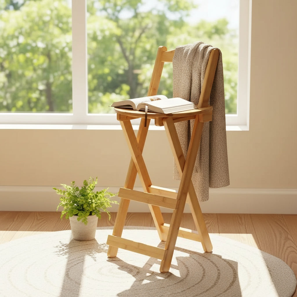 Gymax Set of 2 Bamboo Folding Barstools Counter Height Dining Chairs