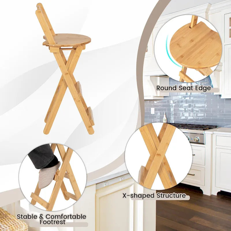 Lot de 2 tabourets de bar pliants en bambou, chaises de salle à manger hauteur comptoir