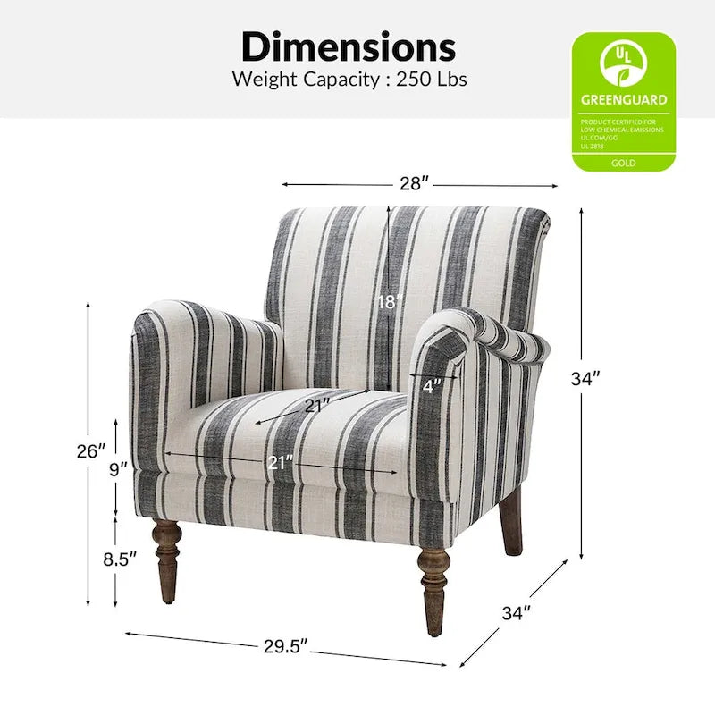 Fauteuil rayé classique et contemporain avec pieds tournés