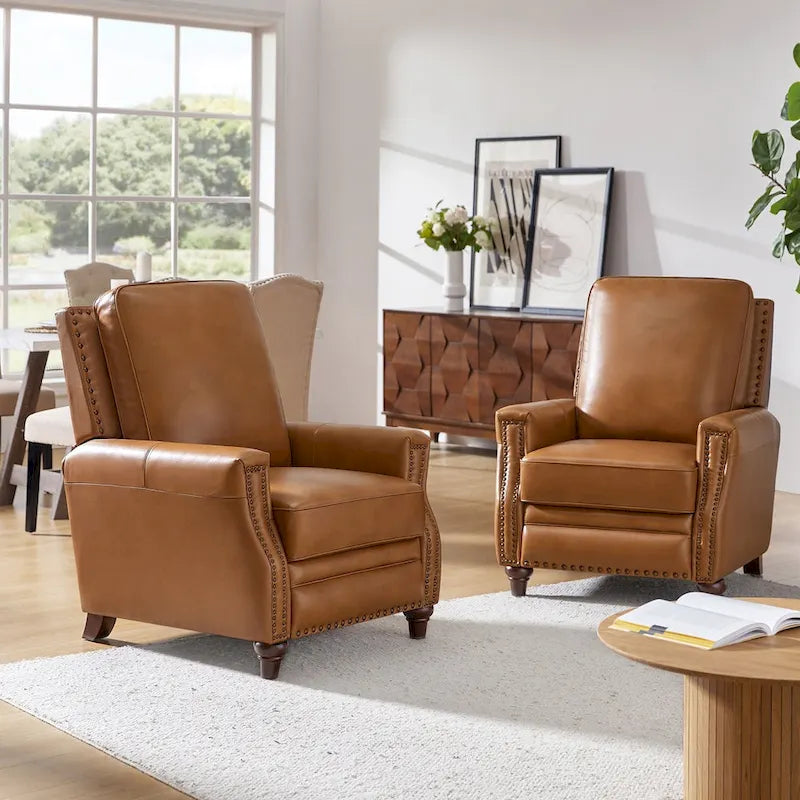 Cigar Mid-century Modern Genuine Leather Recliner with Nailhead Trim Set of 2 by HULALA HOME