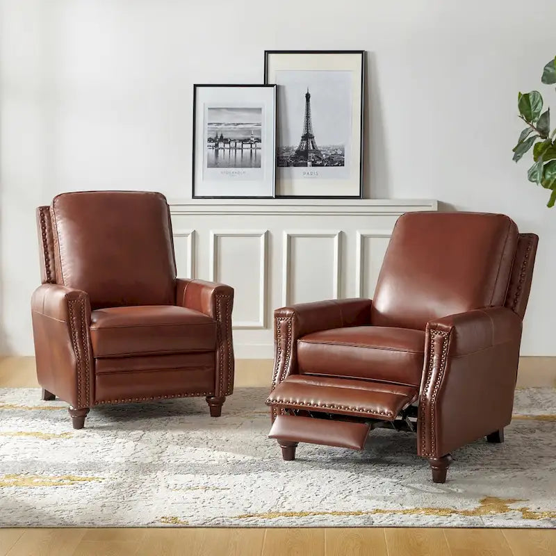 Fauteuil inclinable en cuir véritable style Mid-century Modern avec garniture cloutée – Lot de 2