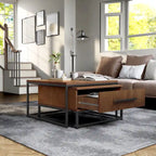 Tables basses gigognes carrées rustiques marron 2 pièces en bois massif avec 1 tiroir