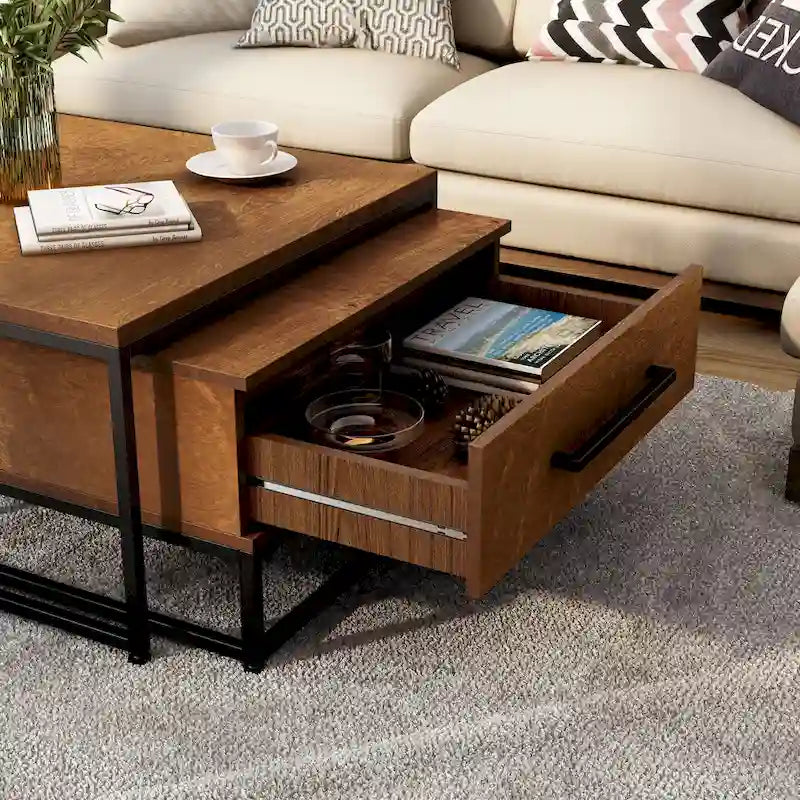 Tables basses gigognes carrées rustiques marron 2 pièces en bois massif avec 1 tiroir