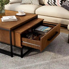 Tables basses gigognes carrées rustiques marron 2 pièces en bois massif avec 1 tiroir