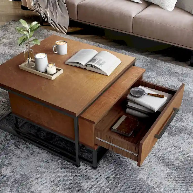 Tables basses gigognes carrées rustiques marron 2 pièces en bois massif avec 1 tiroir