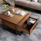 Tables basses gigognes carrées rustiques marron 2 pièces en bois massif avec 1 tiroir