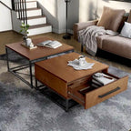 Tables basses gigognes carrées rustiques marron 2 pièces en bois massif avec 1 tiroir