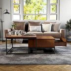 Tables basses gigognes carrées rustiques marron 2 pièces en bois massif avec 1 tiroir