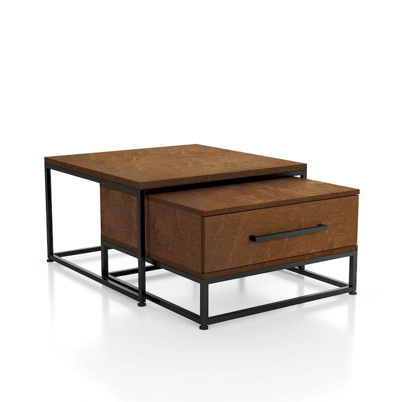 Tables basses gigognes carrées rustiques marron 2 pièces en bois massif avec 1 tiroir