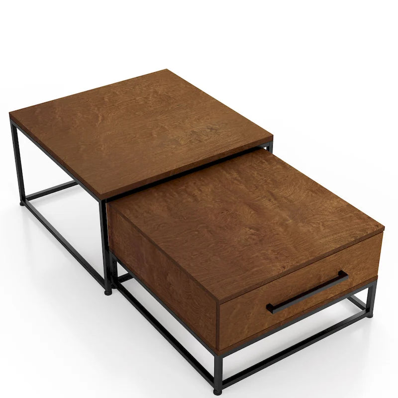 Tables basses gigognes carrées rustiques marron 2 pièces en bois massif avec 1 tiroir