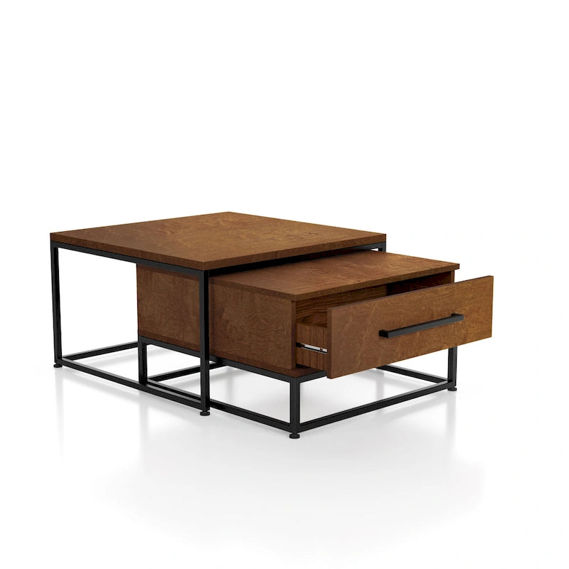 Tables basses gigognes carrées rustiques marron 2 pièces en bois massif avec 1 tiroir