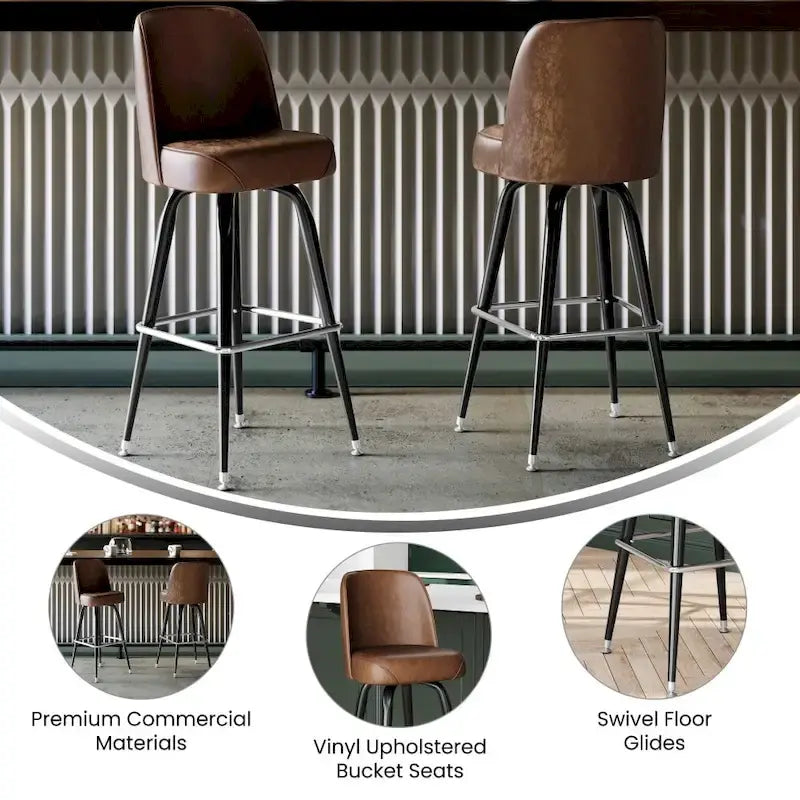 Tabouret de bar en métal avec siège baquet pivotant en vinyle et repose-pieds - 18.5P x 18.5L x 42.5H