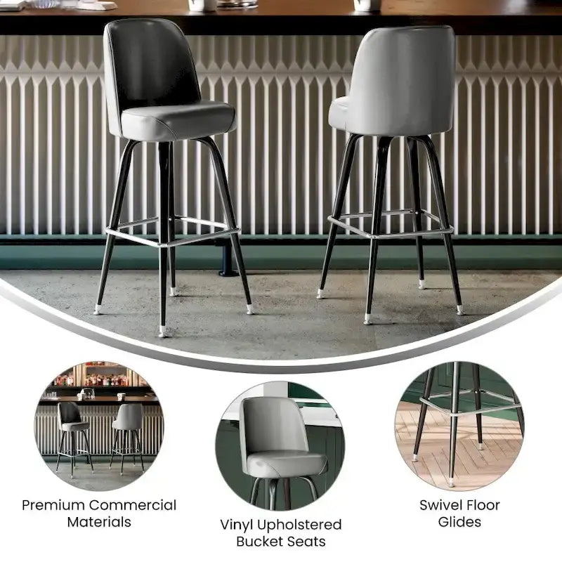Tabouret de bar en métal avec siège baquet pivotant en vinyle et repose-pieds - 18.5P x 18.5L x 42.5H