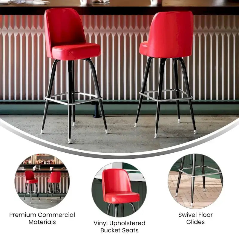 Tabouret de bar en métal avec siège baquet pivotant en vinyle et repose-pieds - 18.5P x 18.5L x 42.5H