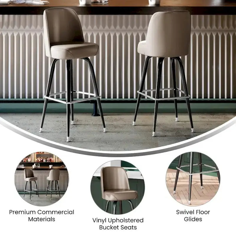 Tabouret de bar en métal avec siège baquet pivotant en vinyle et repose-pieds - 18.5P x 18.5L x 42.5H