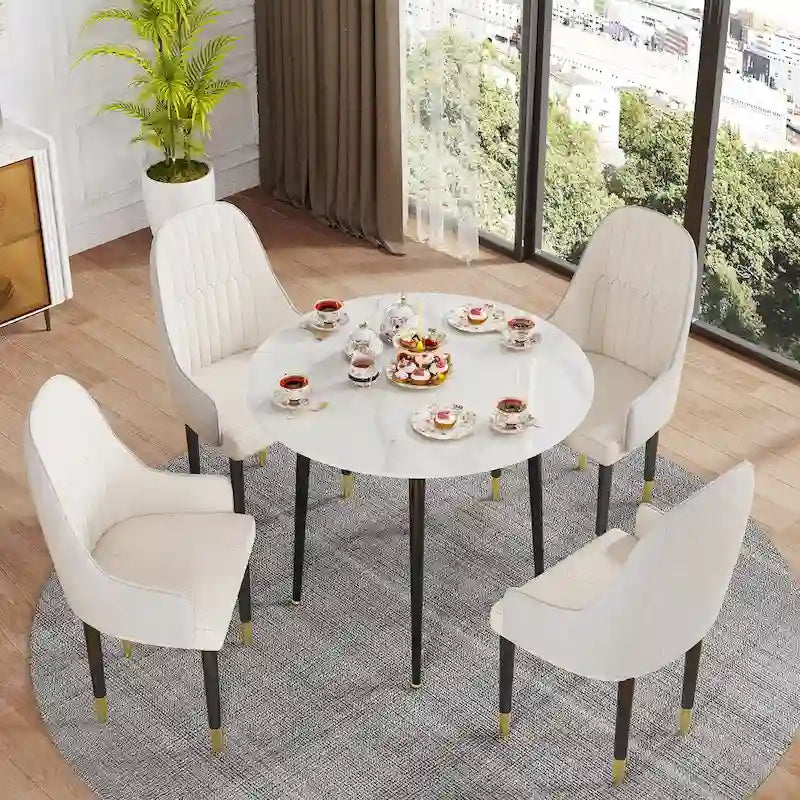 Table de salle à manger ronde de cuisine, plateau en marbre avec pieds en métal coniques – 80 cm (L) x 76 cm (H)