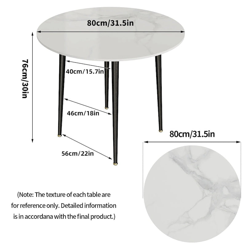 Table de salle à manger ronde de cuisine, plateau en marbre avec pieds en métal coniques – 80 cm (L) x 76 cm (H)