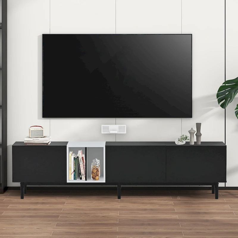 Meuble TV moderne pour téléviseur de 80 pouces avec 3 portes, console multimédia, meuble TV avec grand espace de rangement pour salon