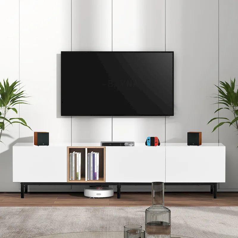 Meuble TV moderne pour téléviseur de 80 pouces avec 3 portes, console multimédia, meuble TV avec grand espace de rangement pour salon