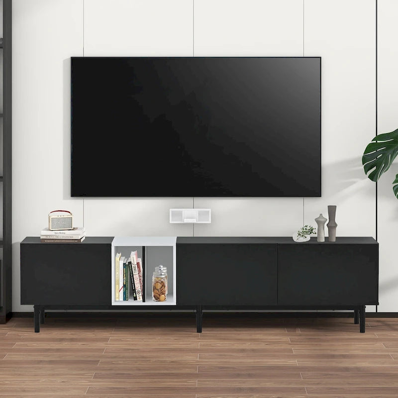Meuble TV moderne pour téléviseur de 80 pouces avec 3 portes, console multimédia, meuble TV avec grand espace de rangement pour salon