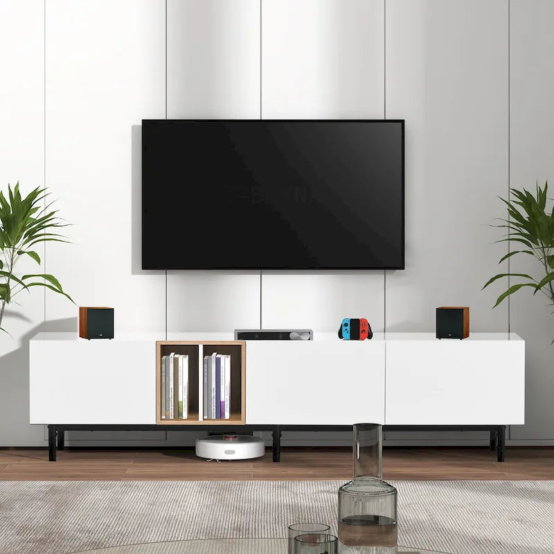 Meuble TV moderne pour téléviseur de 80 pouces avec 3 portes, console multimédia, meuble TV avec grand espace de rangement pour salon