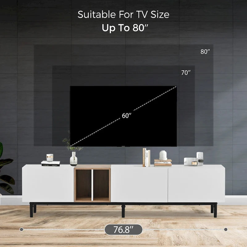 Meuble TV moderne pour téléviseur de 80 pouces avec 3 portes, console multimédia, meuble TV avec grand espace de rangement pour salon