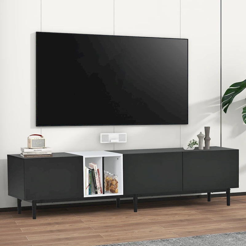 Meuble TV moderne pour téléviseur de 80 pouces avec 3 portes, console multimédia, meuble TV avec grand espace de rangement pour salon