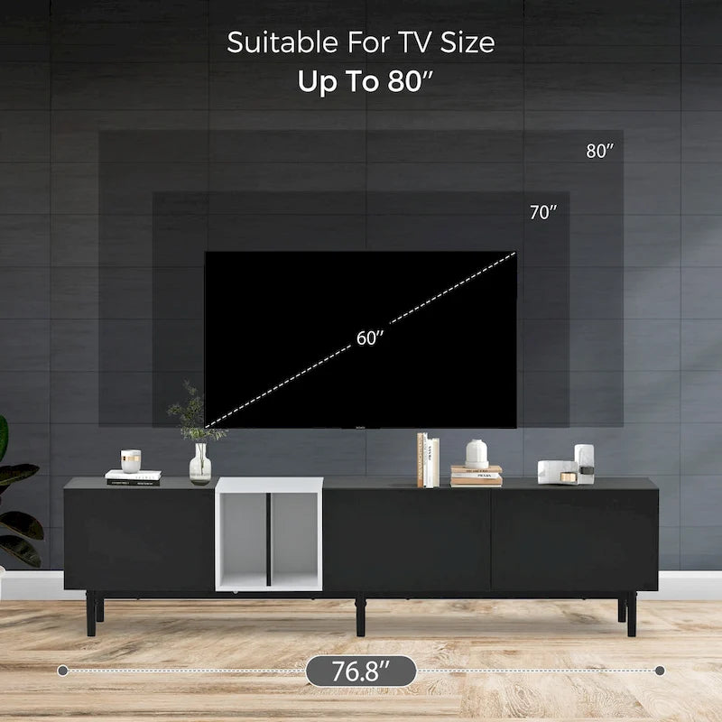 Meuble TV moderne pour téléviseur de 80 pouces avec 3 portes, console multimédia, meuble TV avec grand espace de rangement pour salon