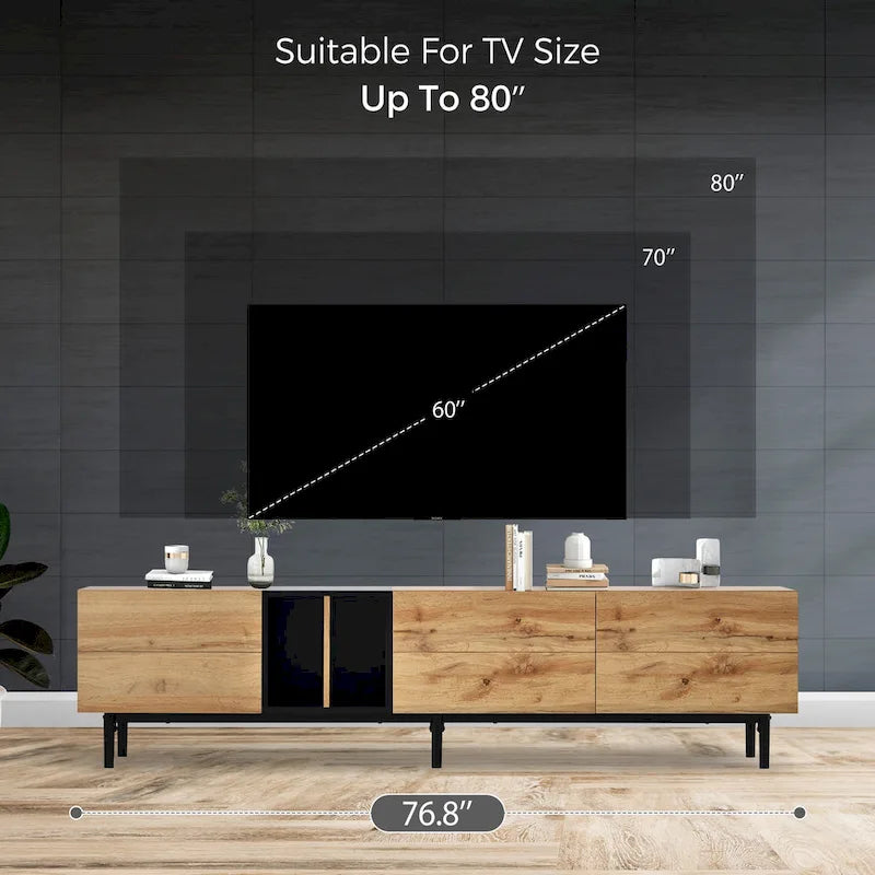Meuble TV moderne pour téléviseur de 80 pouces avec 3 portes, console multimédia, meuble TV avec grand espace de rangement pour salon