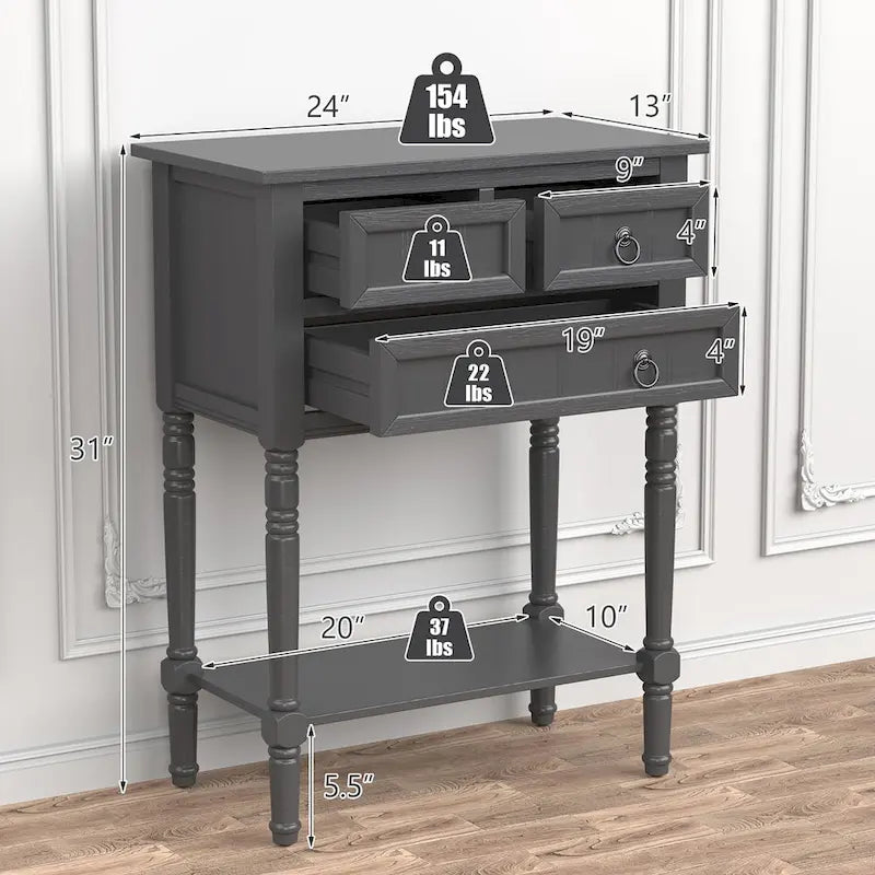 Console de Couloir avec 3 Tiroirs Étagère Ouverte Beige/Gris Foncé
