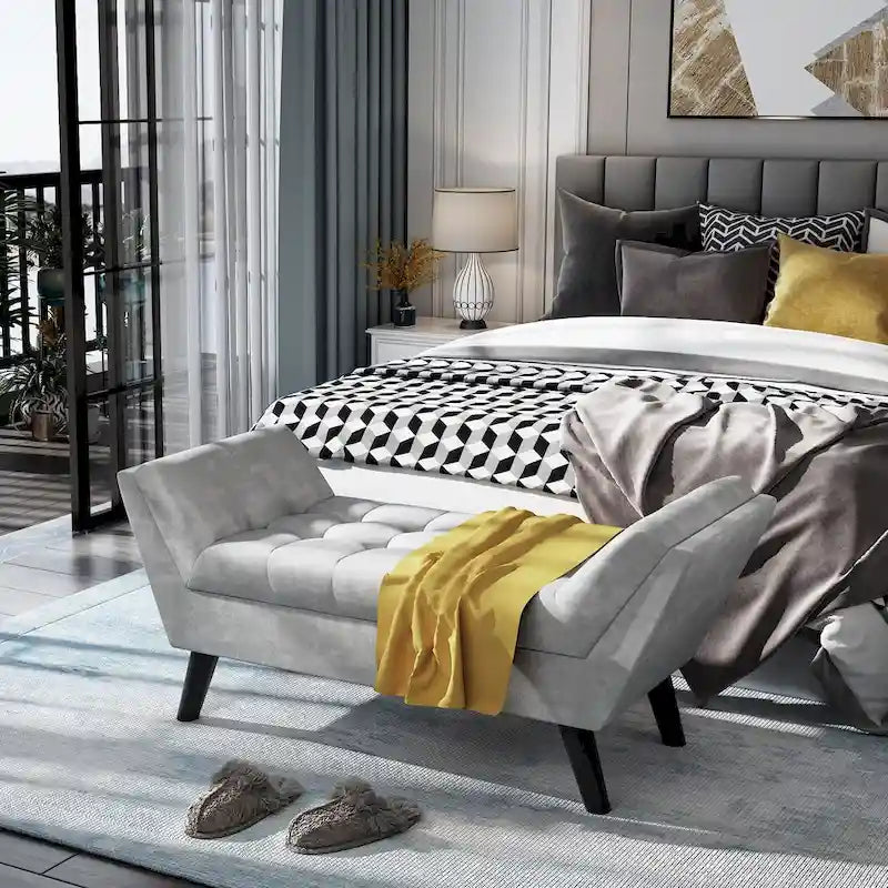Banc de bout de lit, Banc d'entrée, Repose-pieds moderne en tissu pour couloir avec pieds en bois