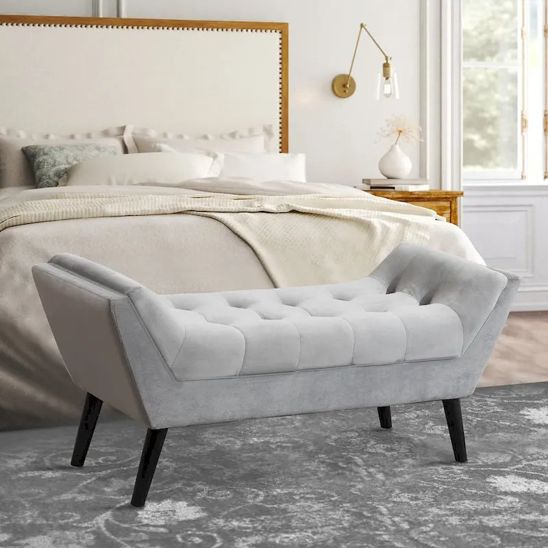 Banc de bout de lit, Banc d'entrée, Repose-pieds moderne en tissu pour couloir avec pieds en bois