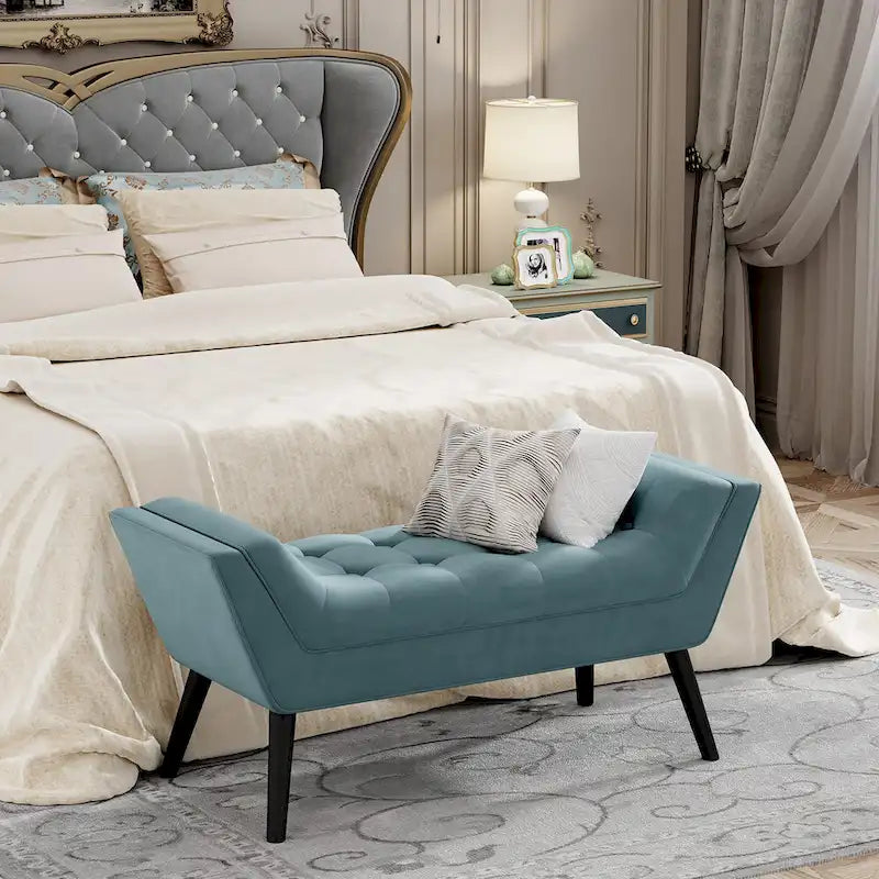 Banc de bout de lit, Banc d'entrée, Repose-pieds moderne en tissu pour couloir avec pieds en bois