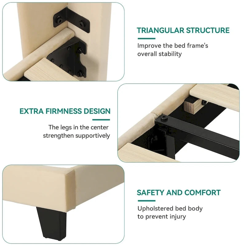 Cadre de lit Queen rembourré avec tête de lit en velours beige et oreilles.