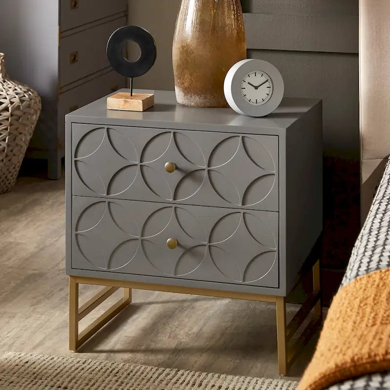 Table d'appoint à 2 tiroirs en métal doré avec motif en losange en arche
