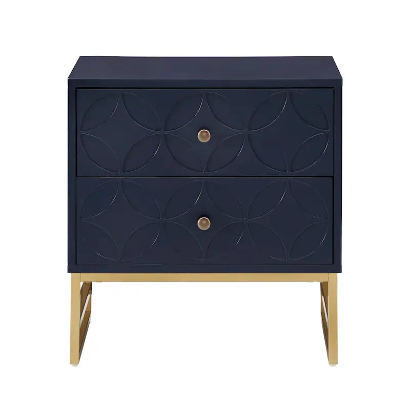 Table d'appoint à 2 tiroirs en métal doré avec motif en losange en arche